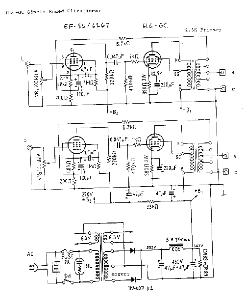Tässä epäsymmetrisessä stereovahvistimessa on hyödynnetty pentodeilla mahdollista ultralinear-takaisinkytkentää.